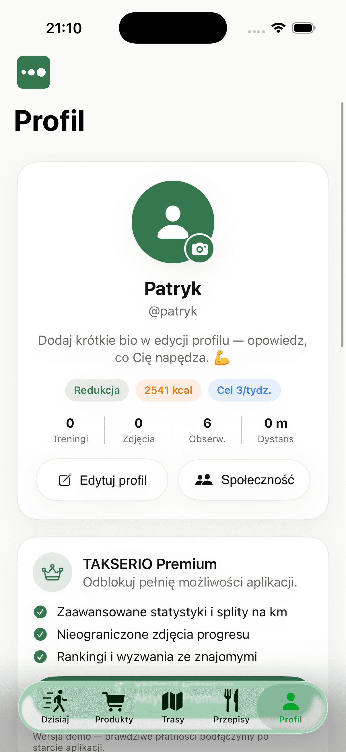 Ekran Profil w aplikacji TAKSERIO